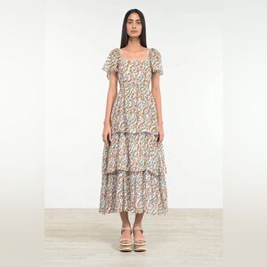 BANJANAN Bonnie Tiered Midi Maxi Dress in Boundless Floral Cotton Cutout Large